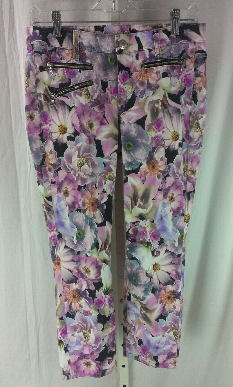 Bright EUC CAMBIO Purple Lalla Zip Floral Hi-Def Pants Jeans US 8